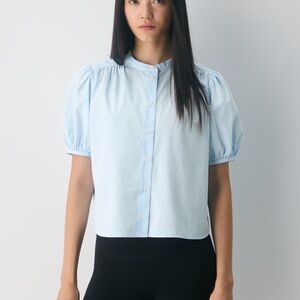 Light Blue Puff Sleeve Button-Front Women's Top